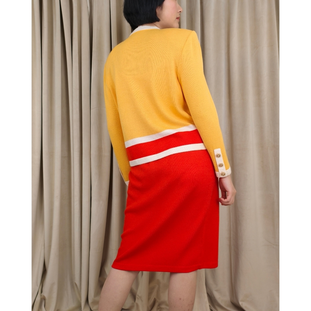 Vintage St. John Vibrant Red and Yellow Santana Knit Skirt Set - Picture 4 of 8